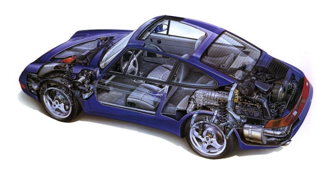 blue sports car engineering cut away diagram
